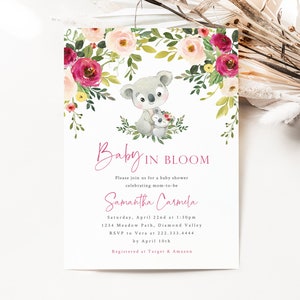Koala Girl Baby Shower Invite - Printable or Digital 5x7 Invitation - Baby in Bloom Invite - Pink Floral Invitation - Australian Animals
