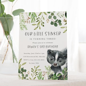 Little Stinker verjaardagsuitnodiging verjaardagsfeestje - afdrukbare Skunk verjaardagsuitnodiging - rustieke bosrijke wezens verjaardagsfeestje uitnodigen - Little Skunk