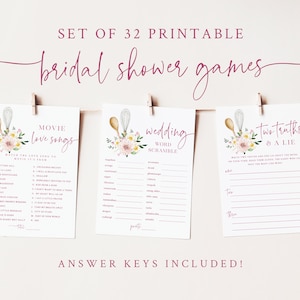May include: Set of 32 printable bridal shower games with floral and kitchen utensil designs. The games include "Movie Love Songs", "Wedding Word Scramble", and "Two Truths & A Lie".
