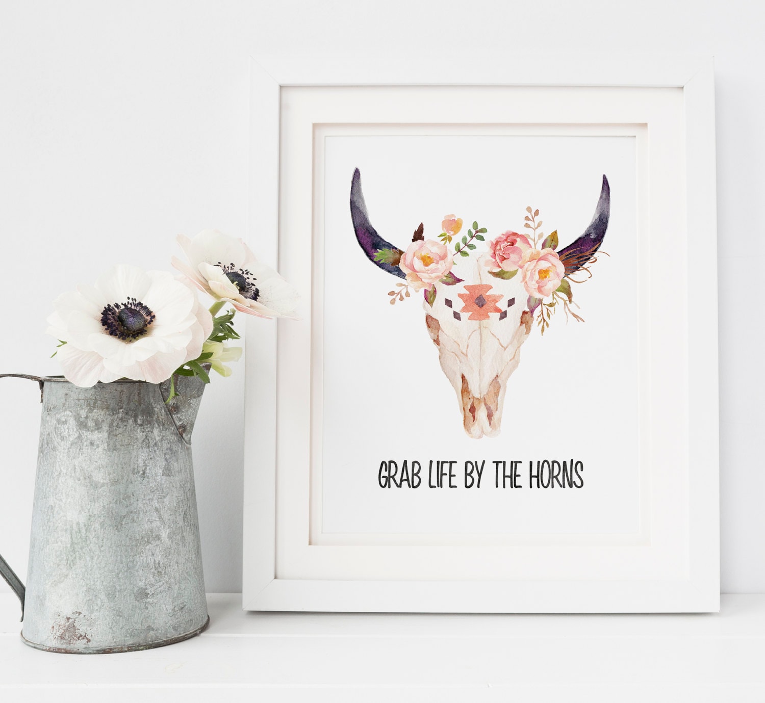 Grab Life By The Horns Floral Bull Skull Rustic Print | Etsy