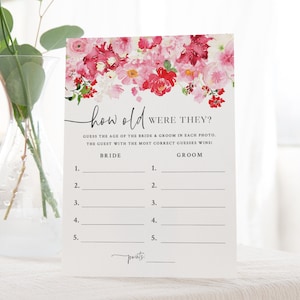 Hoe oud waren de bruid en bruidegom Spel - Spellen voor Valentijnsdag vrijgezellenfeest - Antwoordkaart afdrukbare fotospel - Roze en rood vrijgezellenfeest