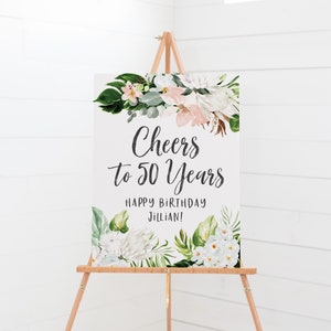 50th Birthday Party Welcome Poster - Printable Easel Sign - Blush, White and Green Tropical Birthday Party Decor - 70th Birthday Decorations