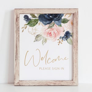 Welcome, Please Sign In - Welcome Sign - Guest Book Printable Sign - Blush, Gold and Navy Decor - Sign Our Guestbook - Guest Book Table Sign