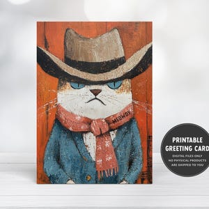 carte de chat de cow-boy | Carte de voeux miaou | Blanc à l'intérieur | Imprimable Juste parce que carte | Je pense à vous, carte d'ami | Carte de voeux drôle de chat