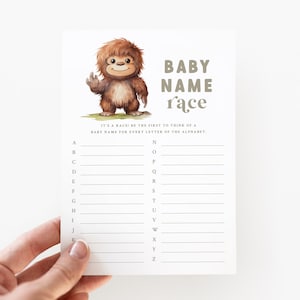 Bigfoot Baby Shower - Baby Name Alphabet Race - Printable 5x7 Game - Sasquatch Baby Shower - Baby Name A to Z Game - Cryptid Baby Shower