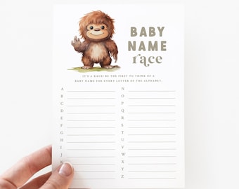 Bigfoot babyshower - babynaam alfabet race - afdrukbare 5 x 7 game - Sasquatch babyshower - babynaam A tot Z spel - cryptid babyshower