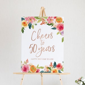 Cheers to 50 Years Sign - 50th Birthday Decorations - Custom Adult Birthday Sign - 50 and Fabulous - 50th Birthday Sign - Floral Birthday