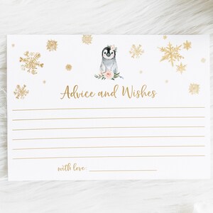 Tarjetas de consejos para baby shower de invierno - Temática de pingüinos - Tarjetas de consejos y deseos imprimibles - Baby Shower de niñas - Tarjeta de consejos para los nuevos padres