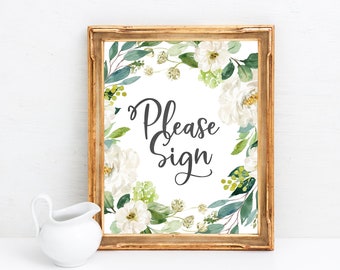 Please Sign Our Guest Book Printable - Baby Shower Guest Book Sign - Greenery Decorations - Green & White Baby Shower - Neutral Baby Shower