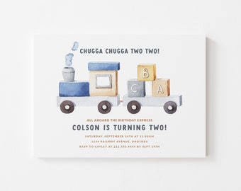 Chugga Chugga Two Two Invitation - Printable Second Birthday Party Invite - Boys Train Birthday Invitation - Toy Train 2nd Birthday Invite