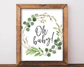 Letrero de "Oh Baby" con vegetación - Decoración para baby shower con vegetación - Baby Shower con vegetación - Imprimible de "Oh Baby" - Decoración para baby shower de género neutro - Letreros para baby shower