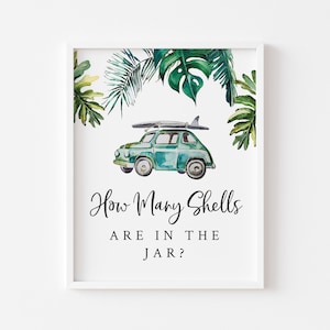 Juego de adivinanzas para fiestas en la playa para baby shower: juego imprimible con letreros y tarjetas de adivinanzas: cuántas conchas hay en el frasco, tema de fiesta de surf