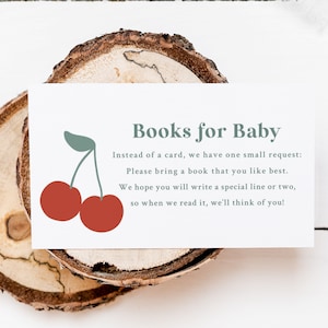 Cutie Pie babyshower - boeken voor baby insteekkaart - afdrukbare 3,5 "x 2" uitnodigingskaart - babyshower kersenthema - boekverzoekkaarten