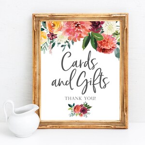 Afdrukbare kaarten en geschenken bord - herfst decor bruids douche - herfst bruiloft - bord dahlia bruiloft - bord cadeau tafel - herfst vrijgezellenfeest