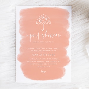 Spring Baby Shower Invitation - April Showers Bring May Flowers Baby Shower Invite - Coral Baby Shower Digital Invitation - Umbrella Invite