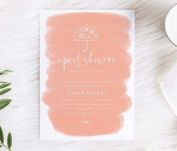 Spring Baby Shower Invitation - April Showers Bring May Flowers Baby Shower Invite - Coral Baby Shower Digital Invitation - Umbrella Invite