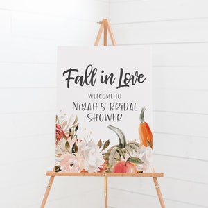 Fall in Love Bridal Shower Welcome Sign - Autumn Pumpkin Bridal Shower Signage - Rustic Fall Bridal Shower Decor - Pumpkin Party Signs