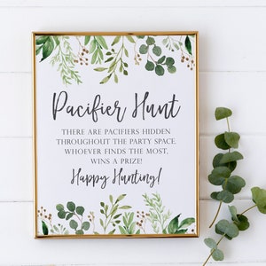 Pacifier Hunt Baby Shower Game - Gender Neutral Baby Shower Decorations - Greenery Party Signage - Baby Shower Activities - Pacifier Game