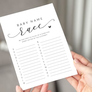 Baby Name Race Game - Baby Name Alphabet Game Printable - Baby Name A to Z Game - Black and White Gender Neutral Baby Shower Game Printable