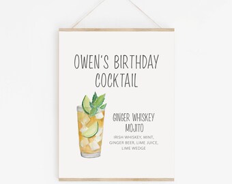 Birthday Signature Cocktail Sign - Watercolor Mojito Sign - Birthday Party Bar Sign - Signature Drink for Birthday - Custom Cocktail Sign
