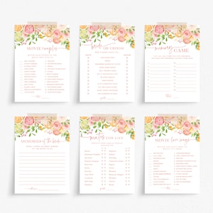 May include: A set of printable bridal shower games with a citrus and floral theme. The games include "Movie Couples", "Bride or Groom", "Memory Game", "Memories of the Bride", "Mates for Life", and "Movie Love Songs".