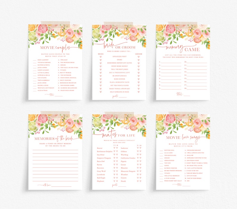 May include: A set of printable bridal shower games with a citrus and floral theme. The games include "Movie Couples", "Bride or Groom", "Memory Game", "Memories of the Bride", "Mates for Life", and "Movie Love Songs".