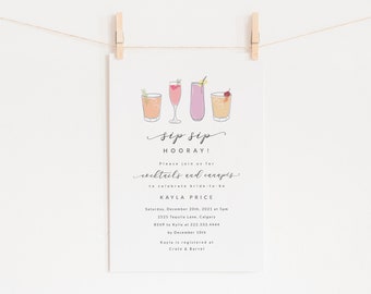 May include: A pink and white bridal shower invitation with a hand-drawn illustration of four cocktails. The text reads "sip sip HOORAY! Please join us for cocktails and canapés to celebrate bride-to-be KAYLA PRICE Saturday, December 20th, 2021 at 5pm 2525 Tequila Lane, Calgary RSVP to Kylie at 222.333.4444 by December 10th Kayla is registered at Crate & Barrel"