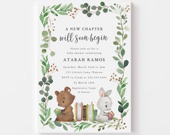 Storybook Themed Baby Shower Invitation - Printable Book Baby Shower Invite - Woodland Animals Reading Themed Invitation - Books for Baby