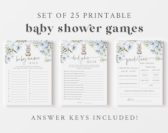 Boy Bunny Baby Shower Game Bundle - Set of 25 Printable Games & Activities - Blue Baby Games - Spring Rabbit Baby Shower Games - Cute Bunny