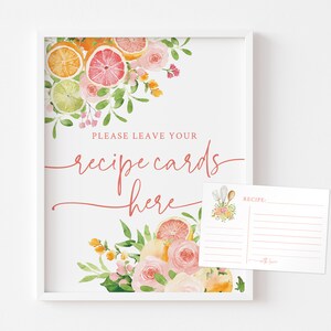 Cartões de receitas para chá de panela com frutas cítricas - Deixe seus cartões de receitas aqui - Placa para impressão 8x10 - Chá de panela laranja e rosa - Placa de receitas aqui