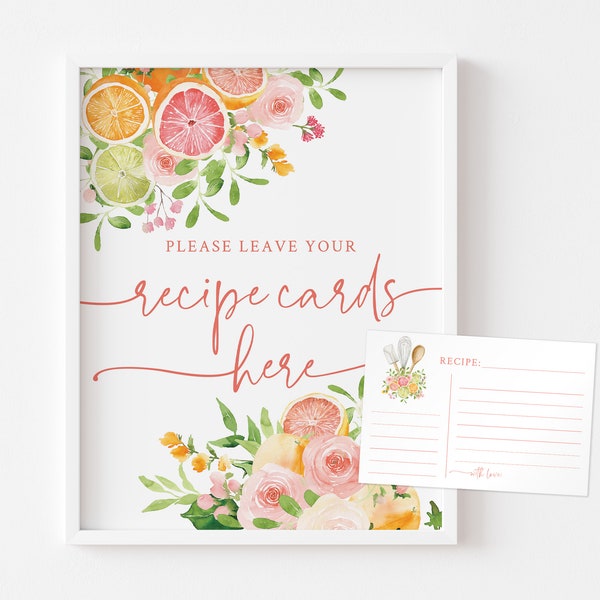 Citrus Wedding Shower Recipe Cards - Leave Your Recipe Cards Here - 8x10 Printable Sign - Orange and Pink Bridal Shower - Recipes Here Sign