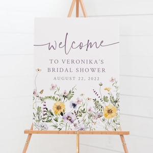 Letrero de bienvenida para despedida de soltera con flores silvestres - Póster de bienvenida imprimible - Decoraciones para despedida de soltera en morado y amarillo - Letrero con flores silvestres
