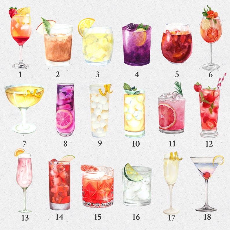 Puede incluir: Un gr&aacute;fico de 18 ilustraciones de acuarela diferentes de c&oacute;cteles. Cada c&oacute;ctel est&aacute; numerado y tiene un color y un dise&ntilde;o &uacute;nicos.