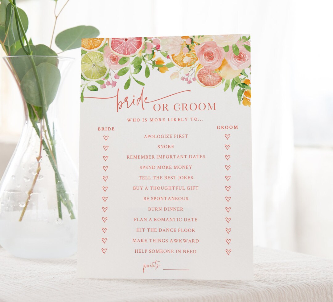 Bride or Groom Guessing Game Printable Citrus Bridal Game Orange Bridal
