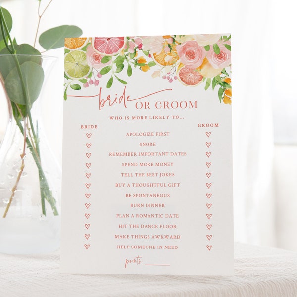 Bride or Groom Guessing Game - Printable Citrus Bridal Game - Orange Bridal Shower - Who is More Likely Quiz - Guess Who: Bride or Groom