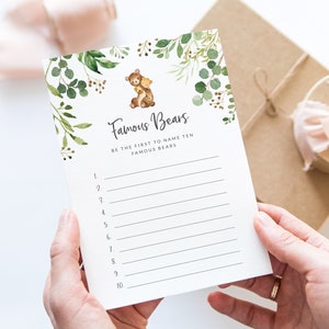 Bear Baby Shower Printable Game - Name Ten Famous Bears - Baby Shower Race Game - We Can Bearly Wait - Gender Neutral - Eucalyptus Game