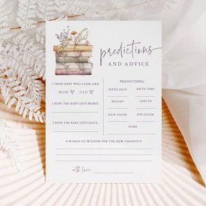 Voorspellingen en advies babyshower - afdrukbare kaarten van 5 x 7 - Een nieuw hoofdstuk begint - Verhalenboek Babyshowerspellen - thema voor babybibliotheek bouwen