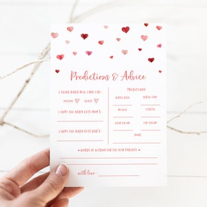 Kaart babyvoorspelling met Valentijnsdagthema - afdrukbare kaart met voorspellingen en advies - babyshower met kleine lieverd - kaart baby raadt