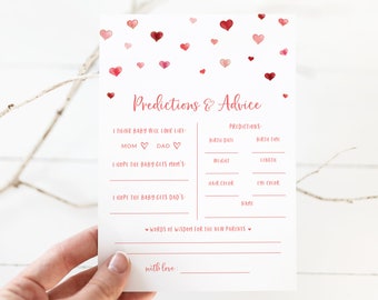 May include: A pink and white baby shower game card with hearts and the text "Predictions & Advice". The card asks guests to predict the baby's birth date, time, weight, length, hair color, eye color, and name. It also asks for words of wisdom for the new parents.