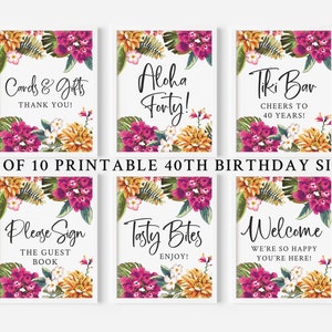 40th Birthday Party - Tropical Luau - Set of 10 Printable Birthday Signs - Aloha Forty - Retro Hawaiian Birthday Party - Forty and Fabulous
