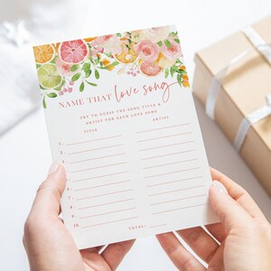 Name That Love Song Bridal Shower Game - Printable Name That Love Tune Game - Orange Citrus Bridal Brunch - Summer Citrus Bridal Games