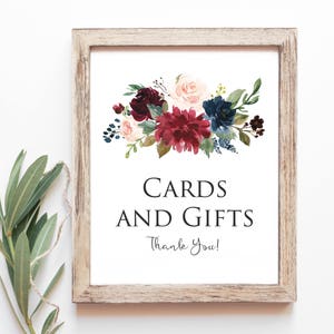 Panneau pour cartes et cadeaux - Déco de mariage bleu vieux et bordeaux - Signalisation de table cadeau - Panneau boîte à cartes - Cartes et cadeaux de mariage à imprimer