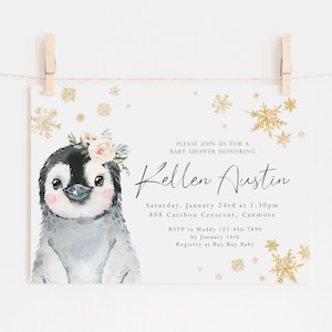 Penguin Themed Baby Shower Invitation - Winter Baby Shower Invite - Girl Baby Shower Printable Invite - Snow Themed Baby Shower Invitation