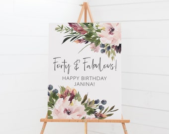 Cartel de bienvenida para fiesta de cumpleaños número cuarenta y fabuloso - Decoraciones para el 40.° cumpleaños - Cartel imprimible de feliz 40.° cumpleaños - Fiesta de cumpleaños morada