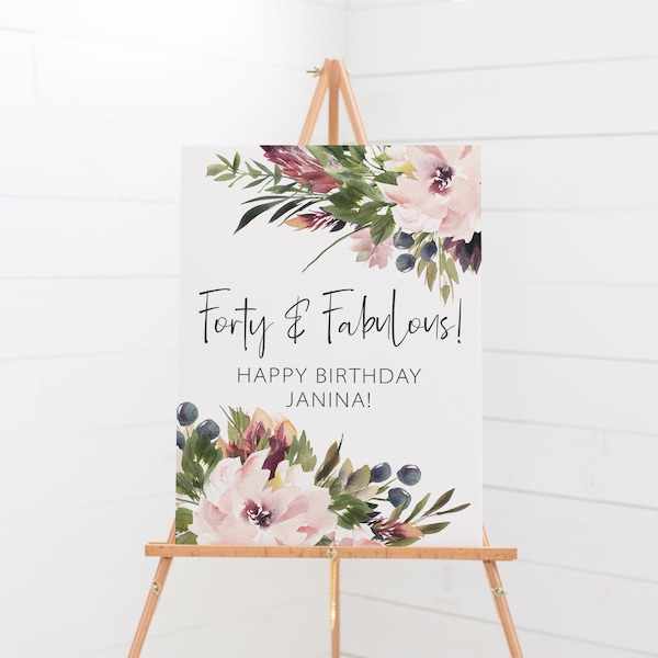 Forty and Fabulous Birthday Party Welcome Sign - 40th Birthday Decorations - Happy 40th Birthday Printable Signage - Purple Birthday Party