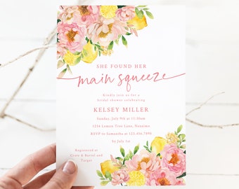 May include: A watercolor bridal shower invitation with a lemon and floral design. The invitation reads "She found her main squeeze" and includes the bride's name, date, time, location, and RSVP information.