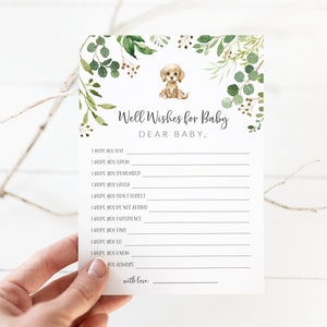 Tarjeta imprimible con deseos para un bebé - Tarjetas para baby shower con forma de cachorro - Cápsula del tiempo para baby shower - Mensajes para actividades de bebés