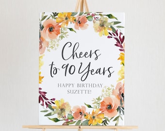 Decoraciones para el 90.° cumpleaños: letrero imprimible con la frase "Saludos por los 90 años"; letrero de cumpleaños para adultos; decoraciones para cumpleaños de adultos; decoración para un cumpleaños importante
