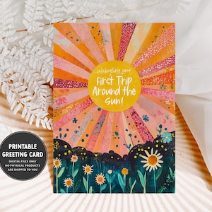 Cartão de Primeiro Aniversário | Comemorando sua Primeira Volta ao Sol | Cartão de Primeiro Aniversário para Imprimir | Cartão Colorido | Aniversário da Filha