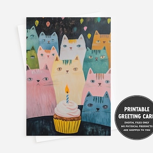Carte d'anniversaire sur le thème du chat | Carte d'anniversaire vierge drôle | Joyeux anniversaire de la part de nous tous | Carte de voeux imprimable chat | Carte d'anniversaire de groupe